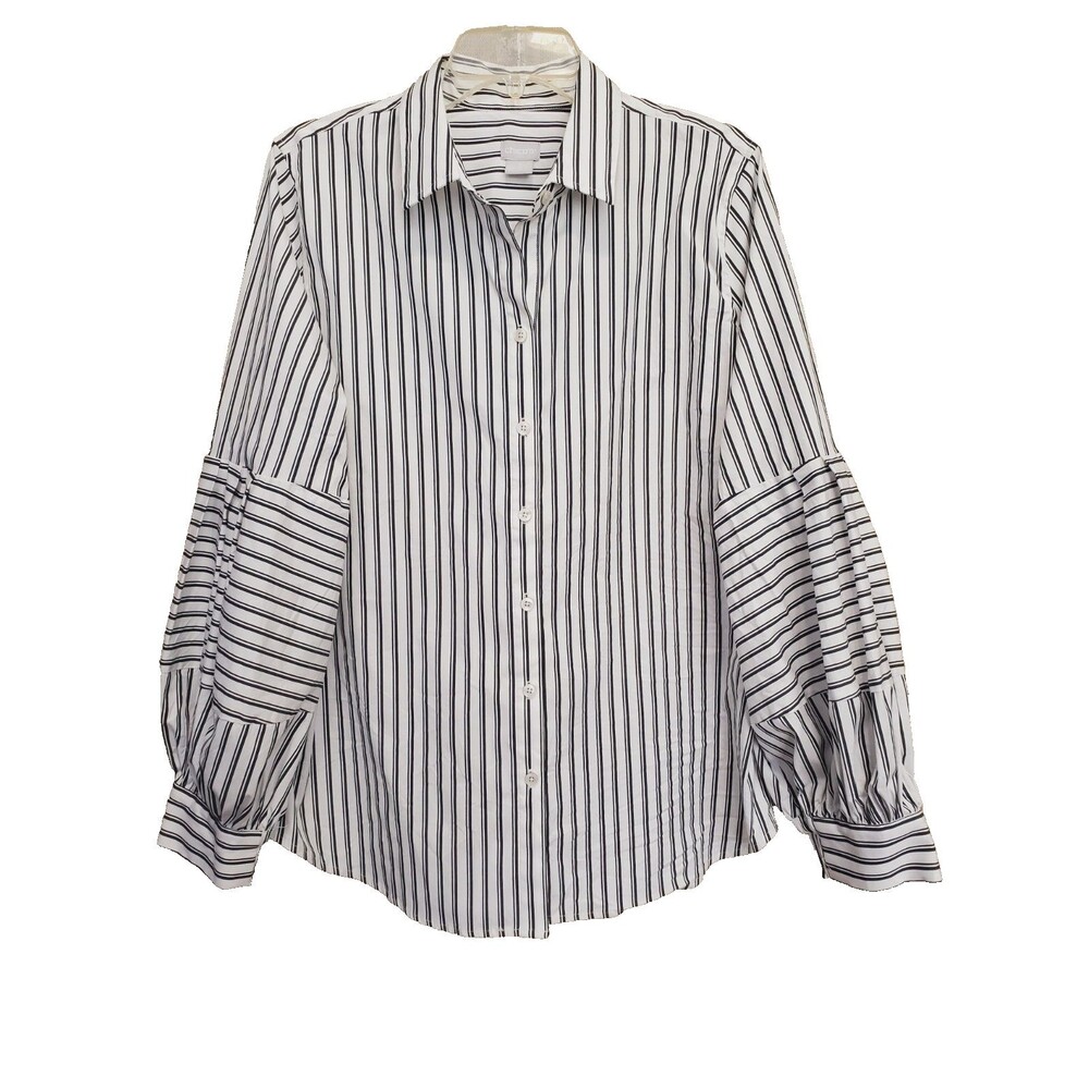 Chico's Striped Cotton Blend Balloon Sleeve Button-Up Shirt Size 3 (XL)